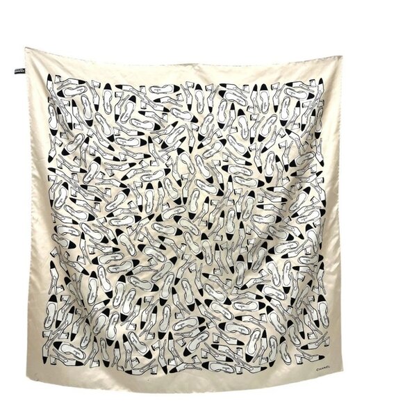 CHANEL Pump motif Apparel Accessories Stole/Shawl Large Scarf silk Beige/Black - Picture 1 of 11